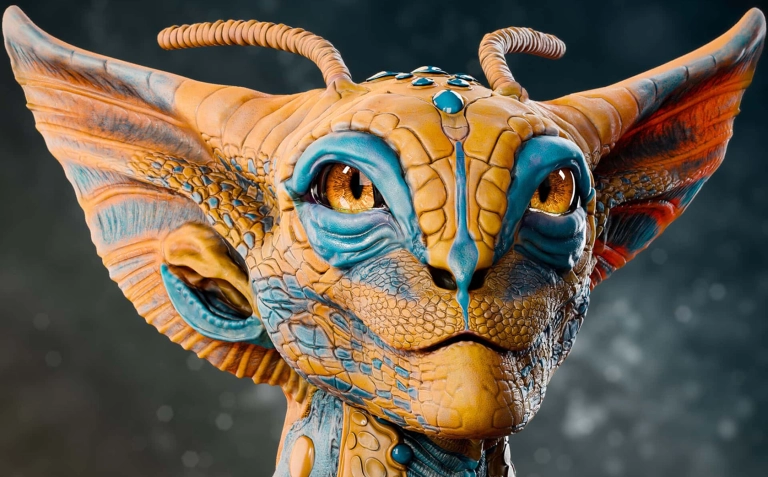 Anatomical dragon-like creature with vibrant orange and blue scales, glowing golden eyes, and intricate horn details, fantasy creature, detailed digital art, cinematic style.