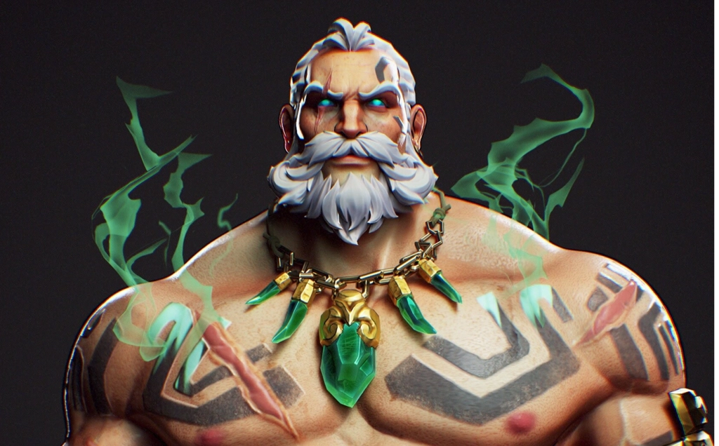 Majestic fantasy character with glowing eyes, ornate green gemstone necklace, tribal tattoos, and swirling green magic on dark background.