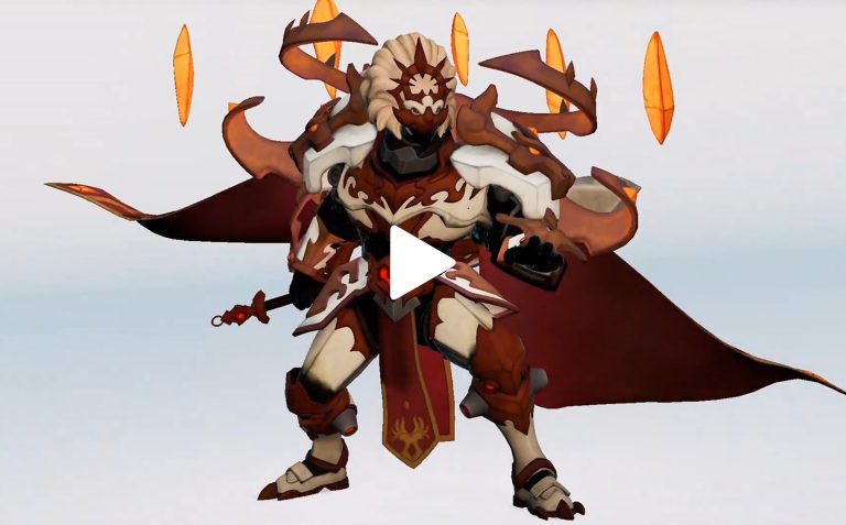 Overwatch character in a fantasy armour with a lion motif and fiery ornamentation, holding a sword, against a light background.