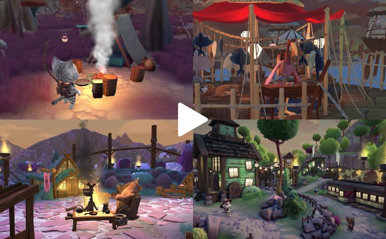 Cat character exploring a fantasy forest camp with colorful fungi and glowing elements at dusk.