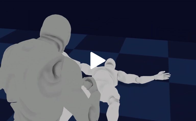 Human made 3D models of two figures, one in the foreground and one lying on a checkered platform, with a dark blue background and grid-like flooring, likely a design or animation scene.