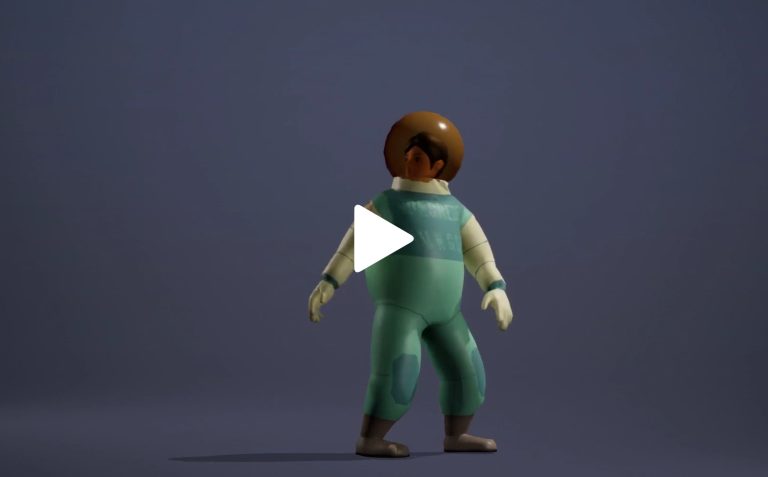 Toy robot character with a space helmet, animated 3D model, colourful costume, standing on a plain background, used for game art and animation projects by indie game developers.