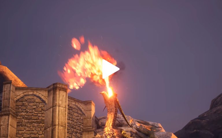 Fire-breathing dragon spewing fire and smoke on ancient stone ruins during twilight, fantasy creature in a video game environment, highly detailed, dramatic scene.