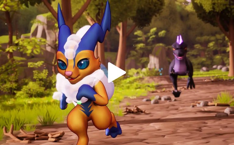 Playful animated fox character running through a nature forest scene with a dark wolf in the background, colourful and lively game art style, fantasy environment, 3D render.