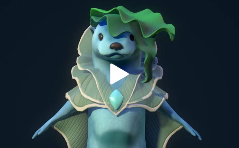 Dog character dressed as a royal with a leafy hat and a glowing pendant, 3D animated style for a game art trailer or marketing content.