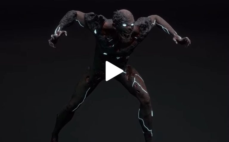 Fierce monstrous creature with glowing eyes, twisted body, and dark cracked skin, illuminated by white lightning-like veins, against a black background, in a 3D digital art style.