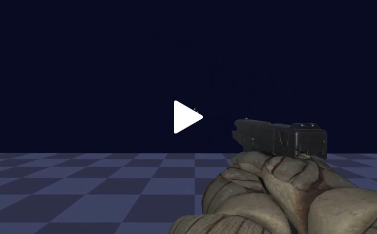 Gun in hand, 3D realistic military weapon in a first-person shooter game, digital environment with checkered floor and dark blue background, game development asset, first person view, video game illustration, modern military setting, immersive gameplay experience, animation-ready model, game art design.