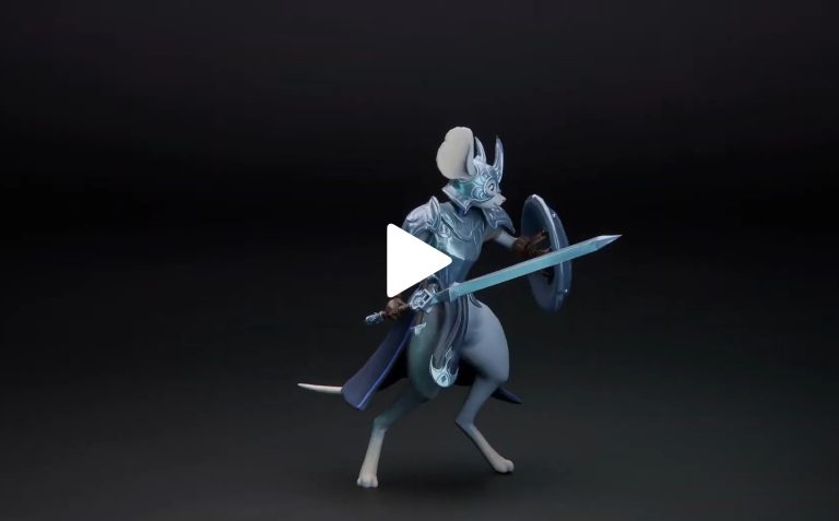 Anime-style fantasy warrior mouse riding a horse, wielding a sword and shield, detailed 3D rendering, dark background, for game art and animation projects.