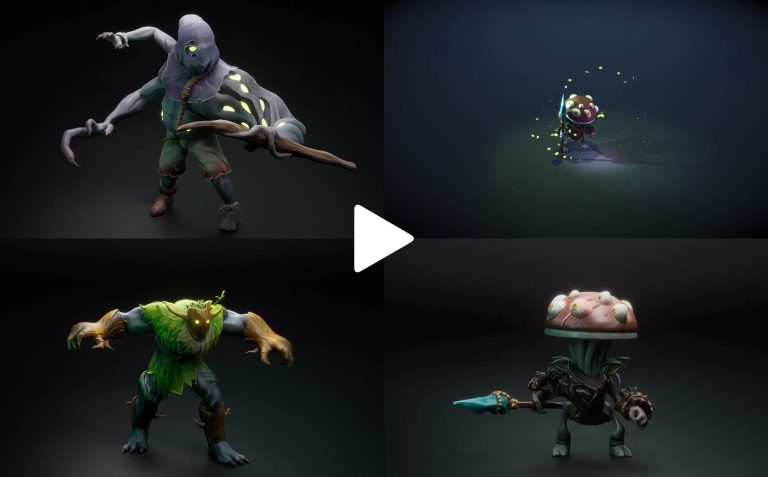 Pathway of four fantasy game characters, each with distinct and imaginative designs, set against dark backgrounds, showcasing detailed 3D modelling suitable for game art and character development.