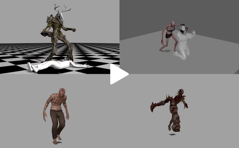A digital art collage featuring various fantasy monster characters in different poses against plain backgrounds, showcasing character design and 3D modelling for game development.