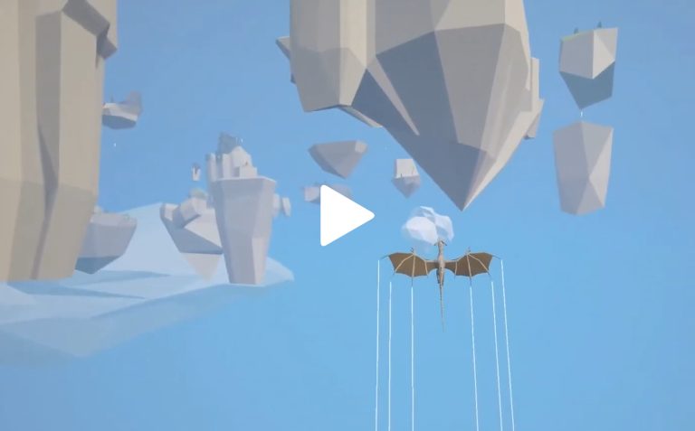 Low-poly dragon flying among floating islands in a surreal sky with geometric clouds.