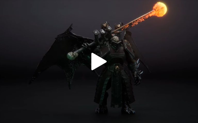 Dark fantasy creature wielding a fiery flaming cannon, with black wings, skull accents, and heavy armour on a dark background.