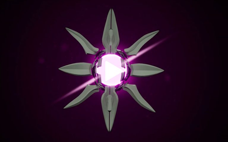 A futuristic, sci-fi weapon or device with glowing purple energy at its core, surrounded by sharp, metallic blades, set against a space background with purple and black tones.