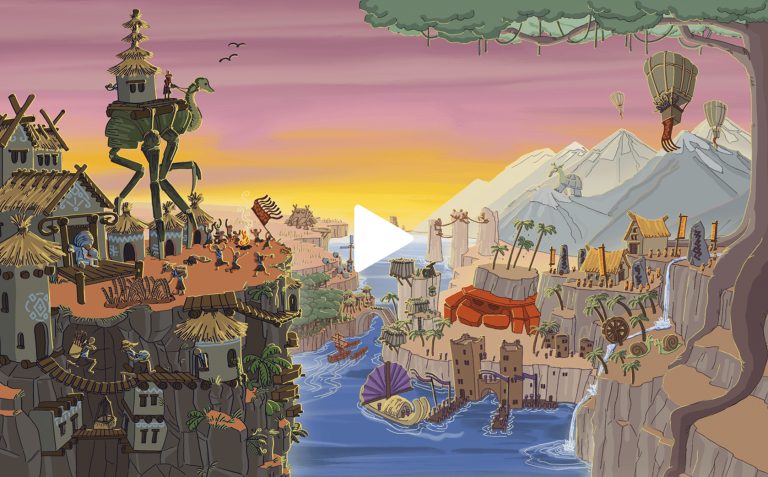 Elevated fantasy village built into cliffs with waterfalls, mountains, hot air balloons, and intricate hieroglyphic architecture at sunrise, animated art style, vibrant colours, detailed scene, whimsical atmosphere.