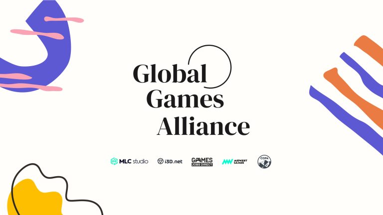 Global Games Alliance logo with colourful abstract shapes and sponsor icons on a white background, promoting collaboration among game industry organisations.