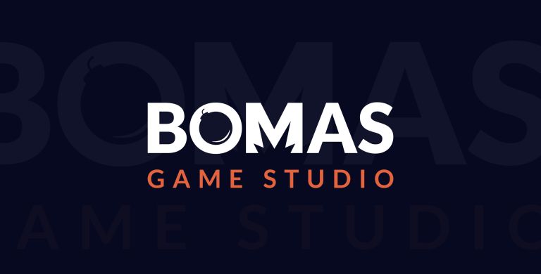 BOMAS Game Studio logo with stylised text and a flame icon, on a dark background, promoting creative content for indie and AA game developers globally.