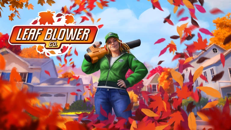 Leaf blower video game character with autumn leaves flying, suburban neighbourhood background, vibrant colours, digital illustration, cheerful spring atmosphere.