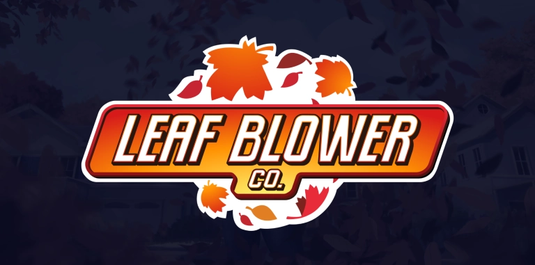 Leaves blowing around the "Leaf Blower Co." game logo on a dark background, colourful autumn leaves, vibrant design, game art and branding, digital illustration, nature-themed graphics, in-game aesthetic.