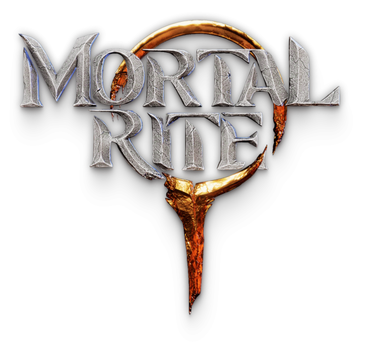 Cracked metallic "Mortal Reel" logo with fiery ring behind it, designed for game branding and promotional content.