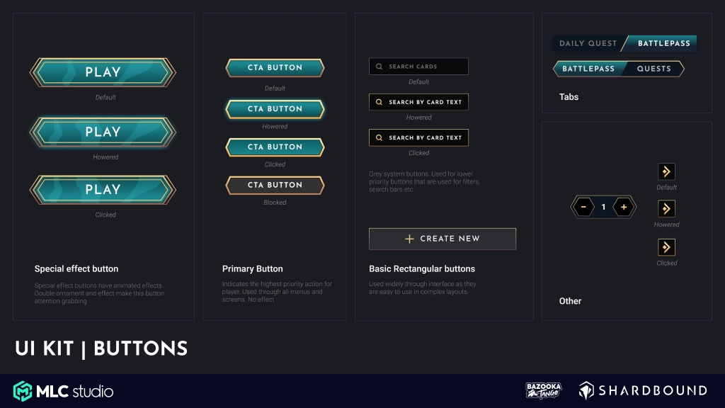 UI KIT: Play button with art deco style, glowing teal and gold outline, used for game UI.
