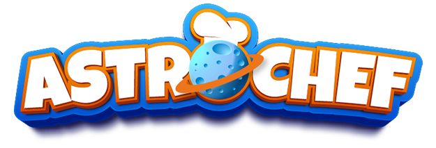 Astrochef game logo with a cartoon planet and chef's hat for a fun, space-themed cooking game.