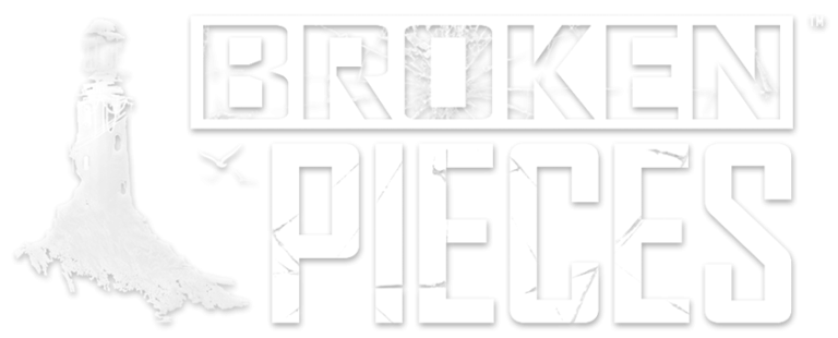 Breaken pieces game logo with island map illustration and bold text, black and white, cartoon style, for game branding and marketing.