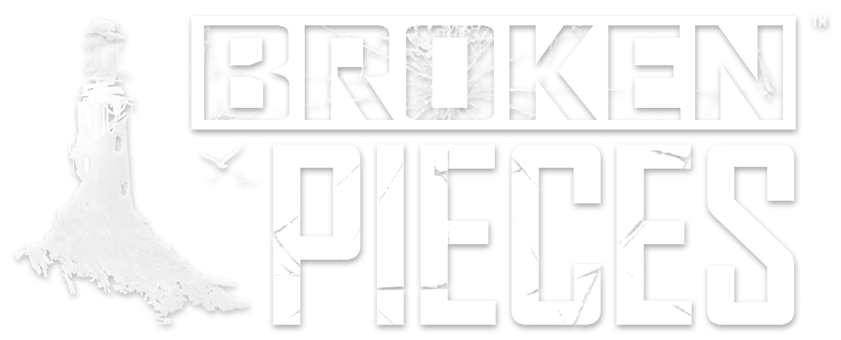 Breaken pieces game logo with island map illustration and bold text, black and white, cartoon style, for game branding and marketing.