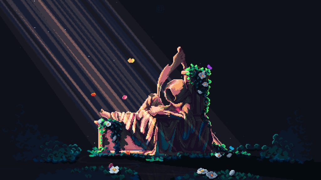 A pixel art depiction of a large, moss-covered bearded face carved into a rock, surrounded by greenery, with light rays shining down from the dark sky.