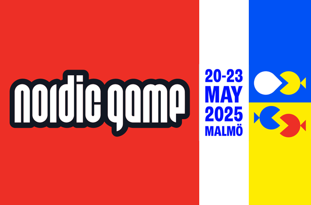 Nordic game 2025 event logo with red, blue, yellow, and white colours, featuring dates 20-23 May, location Malmö, and stylised arrow icons.