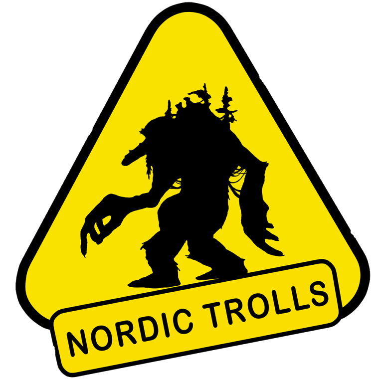 Sketch of a mythical troll creature with trees on its back on a yellow caution sign background, silhouette style, Nordic Trolls logo.