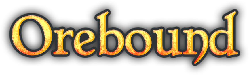 Orebound game logo text with fiery orange and yellow gradient effects on a black background.