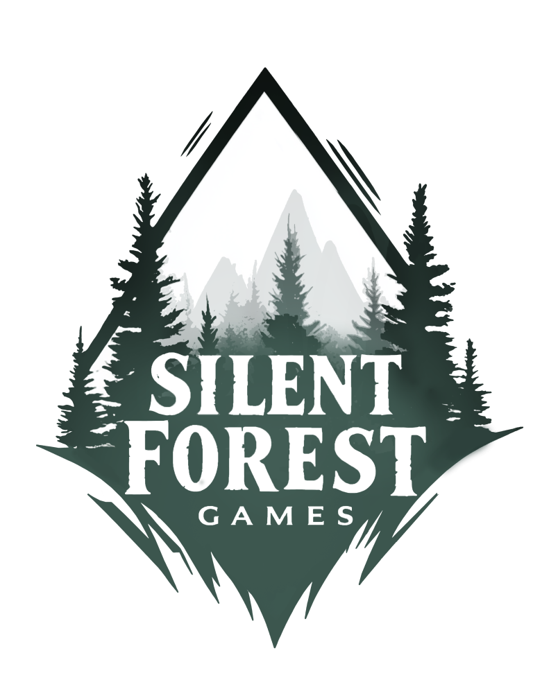 A snowy mountain landscape with pine trees and misty peaks, featuring the Silent Forest Games logo in the foreground.
