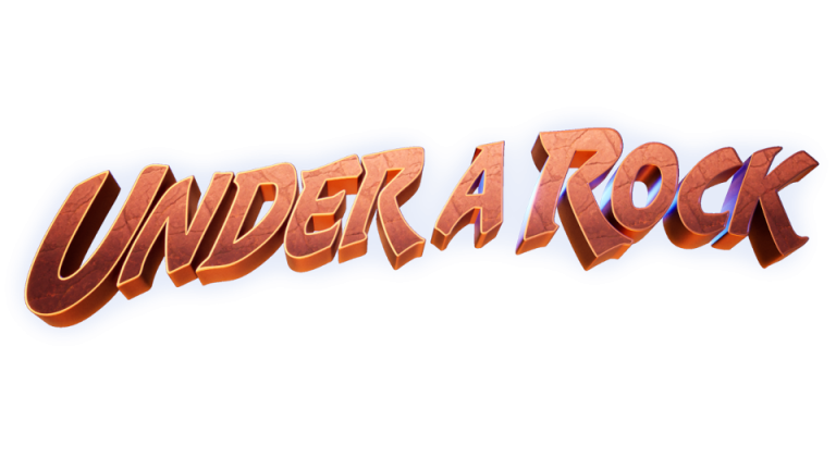 UNDER A ROCK 3D game logo with metallic, stylized font on a blue background.