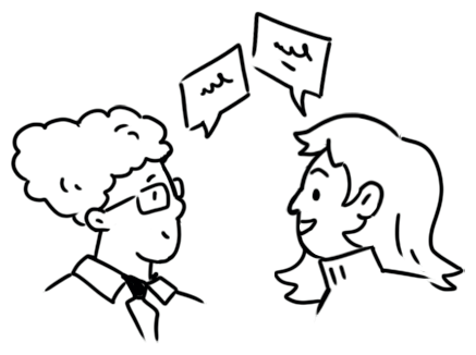 Happy people chatting with speech bubbles, illustrating communication and teamwork.