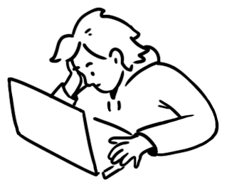 A young person with a thoughtful expression, working on a laptop at a desk.