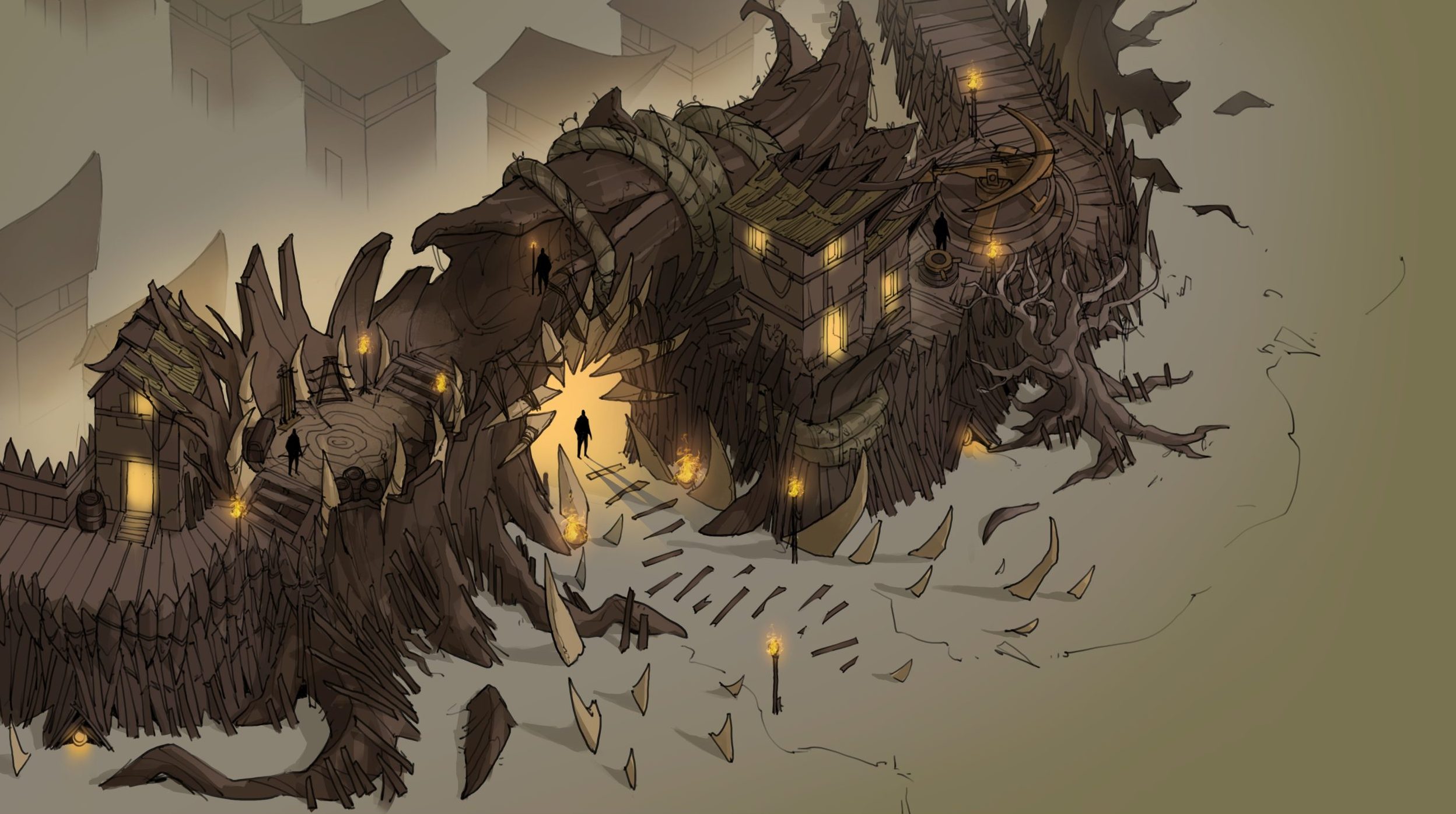 Ancient treehouse fortress built into a giant, twisted tree with wooden bridges, ladders, lanterns, and a mysterious glowing doorway, in a foggy, fantastical forest setting.