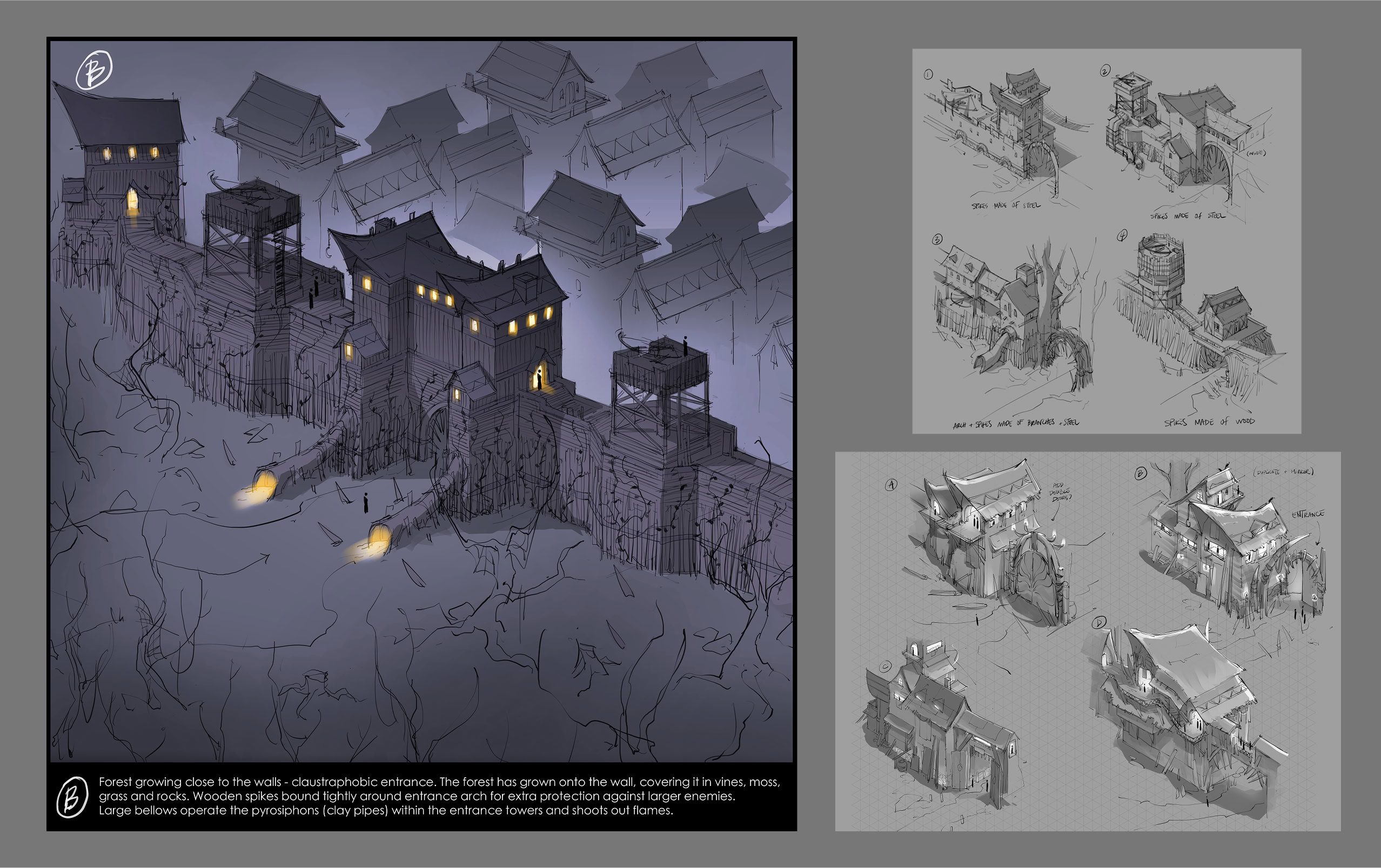 Claustraphobic forest entrance with wooden spikes and torch-lit pathways, fantasy game environment concept art with detailed architecture and natural elements, moody atmosphere.