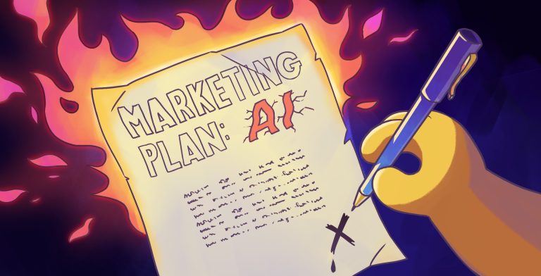 Market research concept, burning plan document, hand with pen, illustration, game art, animation style, marketing content for indie games.