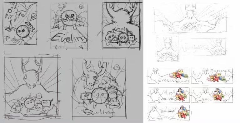 Sketches of cartoon creatures and characters for animation and game art, featuring a deer, owls, and a magical girl in various poses and scenes, 