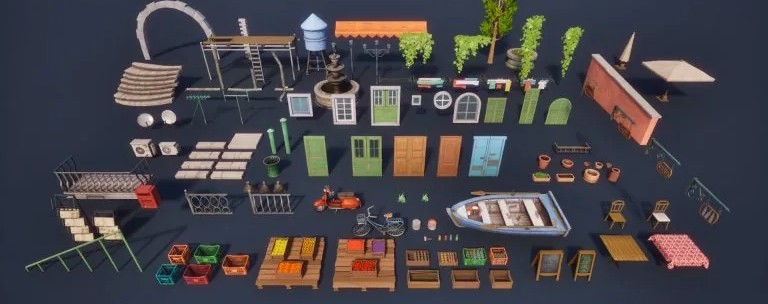 Disassembled miniature house and garden props for 3D game environment design on dark background.