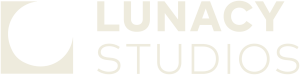 LUNACY STUDIOS logo in black and white with bold text and a circular design element.