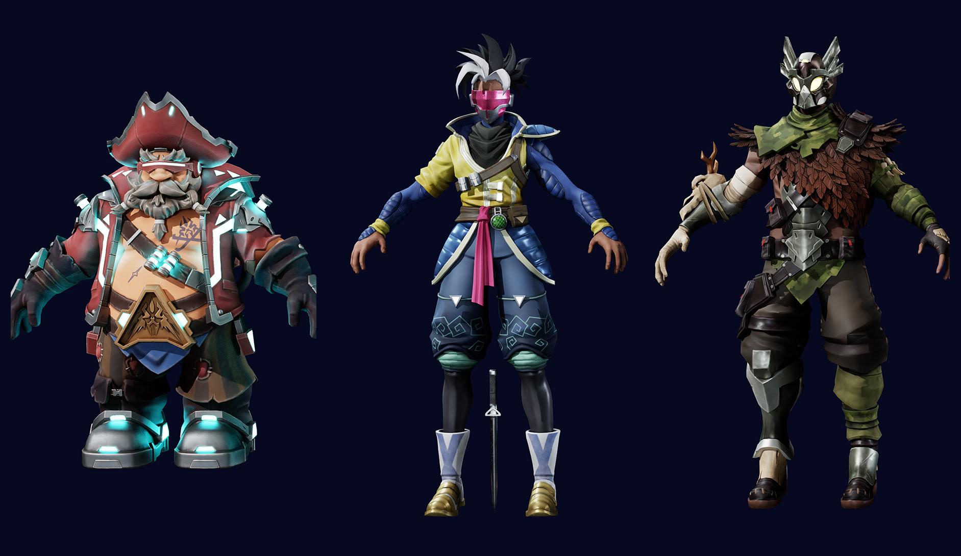 Pirate, futuristic ninja, forest guerrilla 3D characters with armor and masks, stylized 3D game character models, dark background, high detail, colourful costumes, fantasy video game art. from Bloodloop