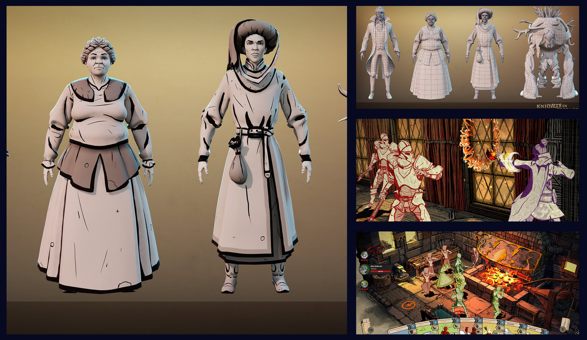 Female game character 3D model, digital illustration of an elderly woman and a young woman dressed in historical costumes for game design and animation.