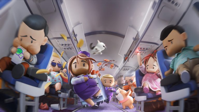 Blurred animated characters inside an airplane cabin with a flying white cat and scattered snacks. Uh Oh Airlines Key Art