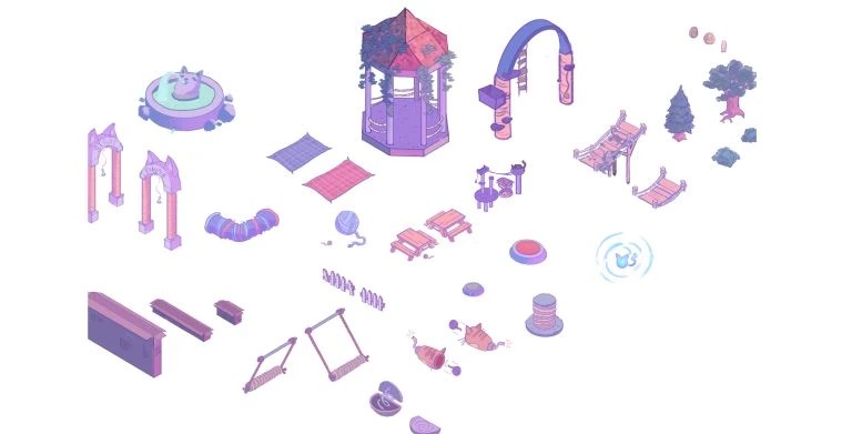 2D game art - pastel colour fantasy park scenery elements isolated on white background.