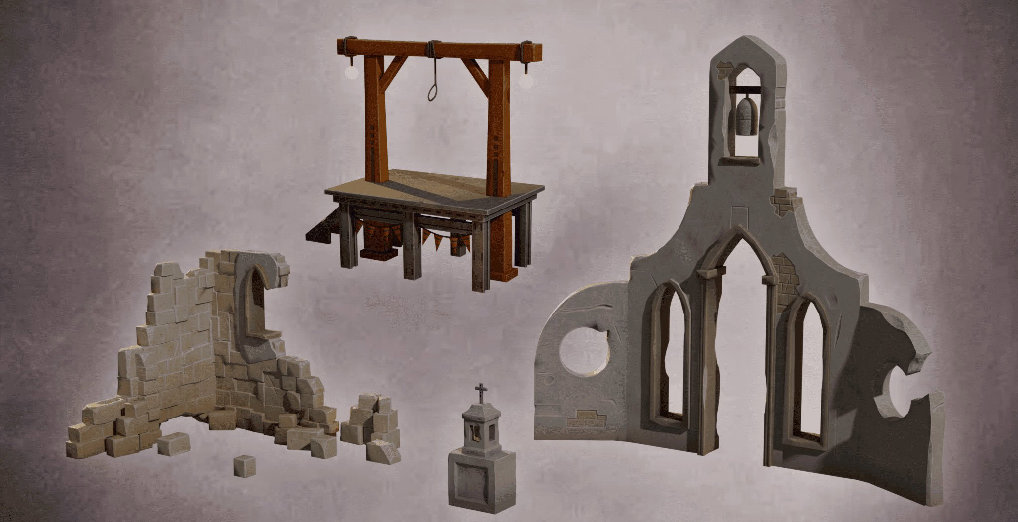 Ruined stone wall with archway and rubble, wooden gallows with hanging rope, small stone monument with cross, medieval church window frames, fantasy game environment assets.