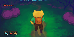 Back view of a cartoon-style yellow cat character with a backpack walking through a vibrant green forest with purple trees.