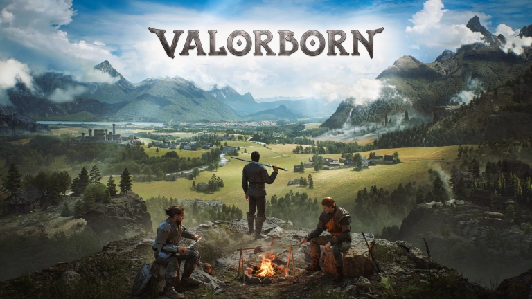 Valorant game artwork showcasing a hero standing on a mountain overlooking a lush valley, with two other characters preparing a campfire, set against a backdrop of towering mountains and a vibrant sky.
