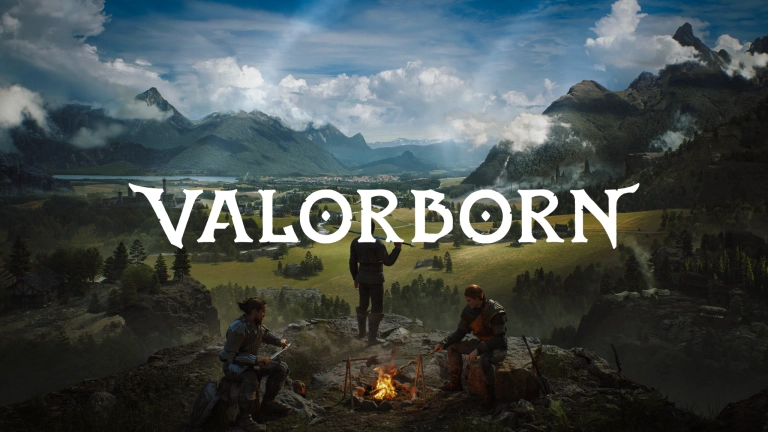 Valiant warriors sitting around a campfire overlooking a lush valley with mountains and clouds, in a scene from the game Valborg.