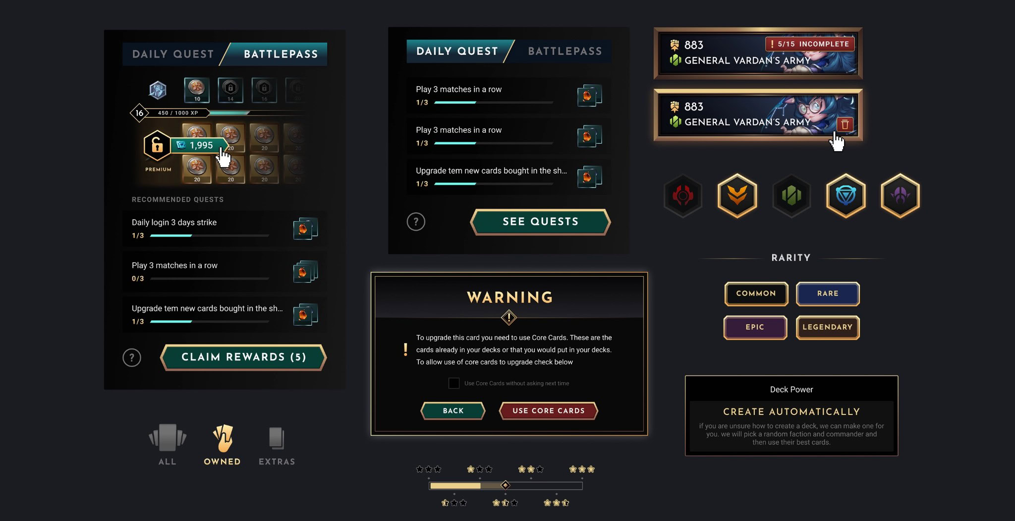 Unlocked daily quest battle pass screen from a game interface, showing quest progress, rewards, and upgrade options with colourful icons and a dark background.